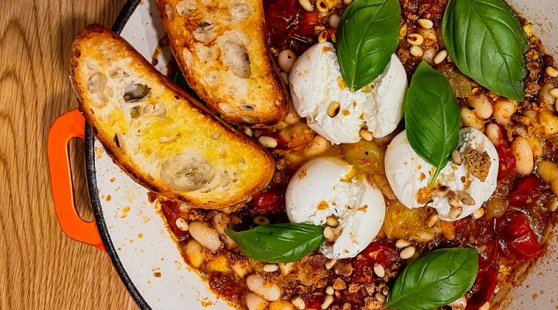 Roasted Tomato and White Bean Skillet with Burratinis