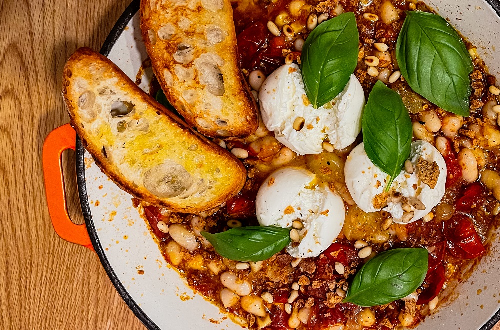 Roasted Tomato and White Bean Skillet with Burratinis