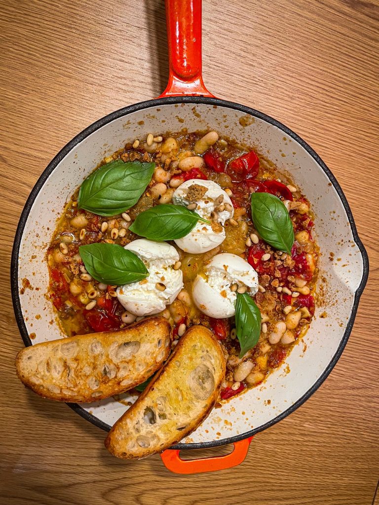 Roasted Tomato and White Bean Skillet with Burratinis