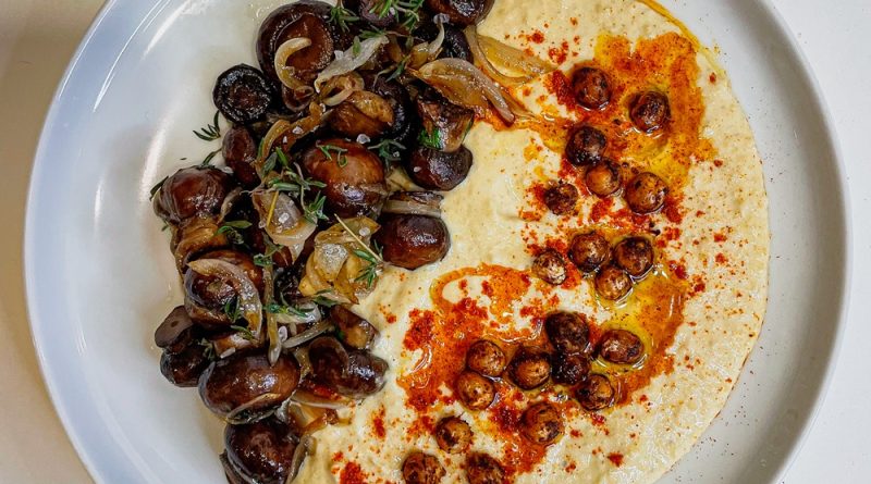 Hummus with Caramelized Onions and Mushrooms