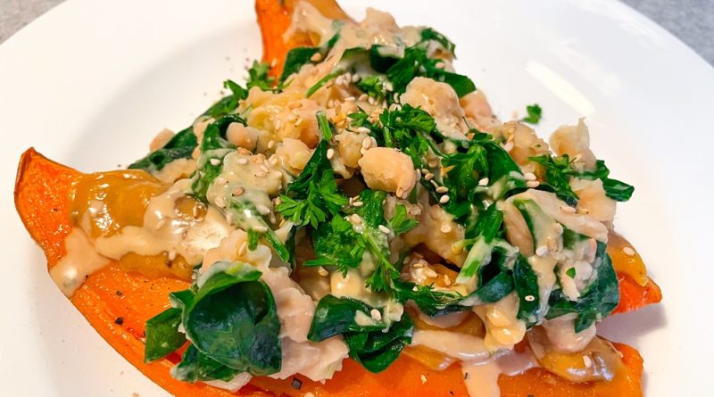 Sweet Potatoes with White Bean Spinach Topping