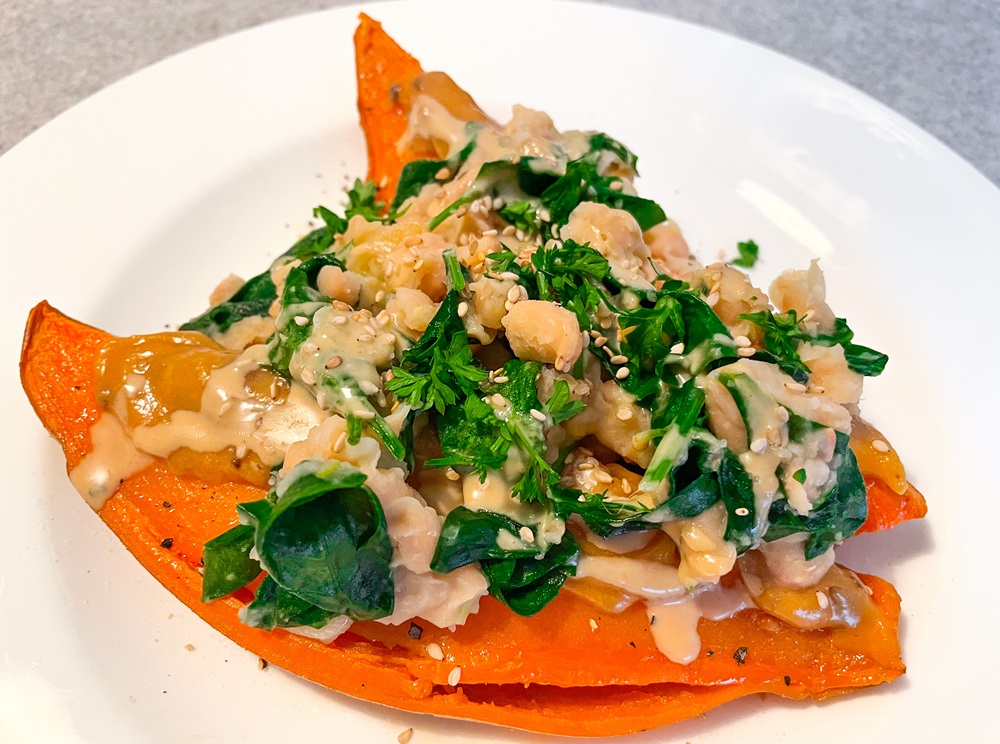 Sweet Potatoes with White Bean Spinach Topping