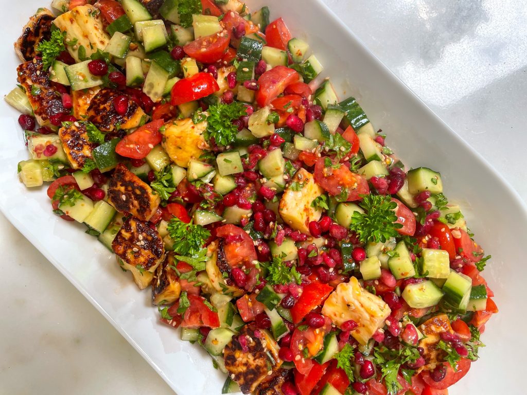 Halloumi Salad with Pomegranate and Tahini Sauce