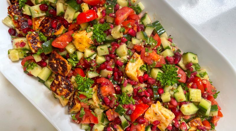 Halloumi Salad with Pomegranate and Tahini Sauce