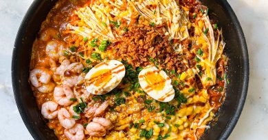 Cheesy Buldak Ramen with Enoki Mushrooms, Shrimps, and Soft-Boiled Egg