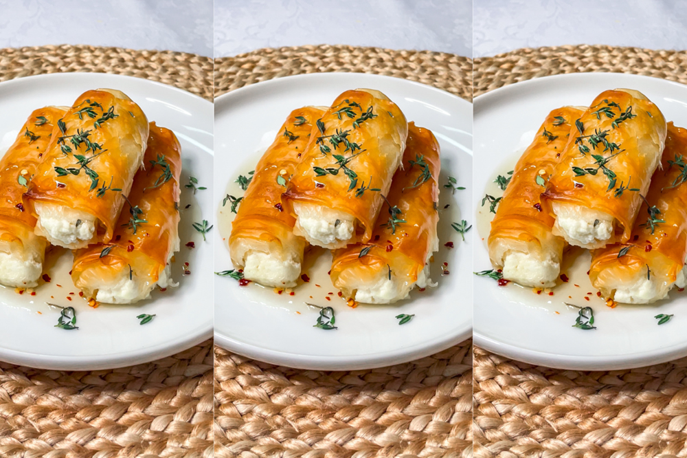 Cheese-Stuffed Phyllo Rolls with Chili Honey