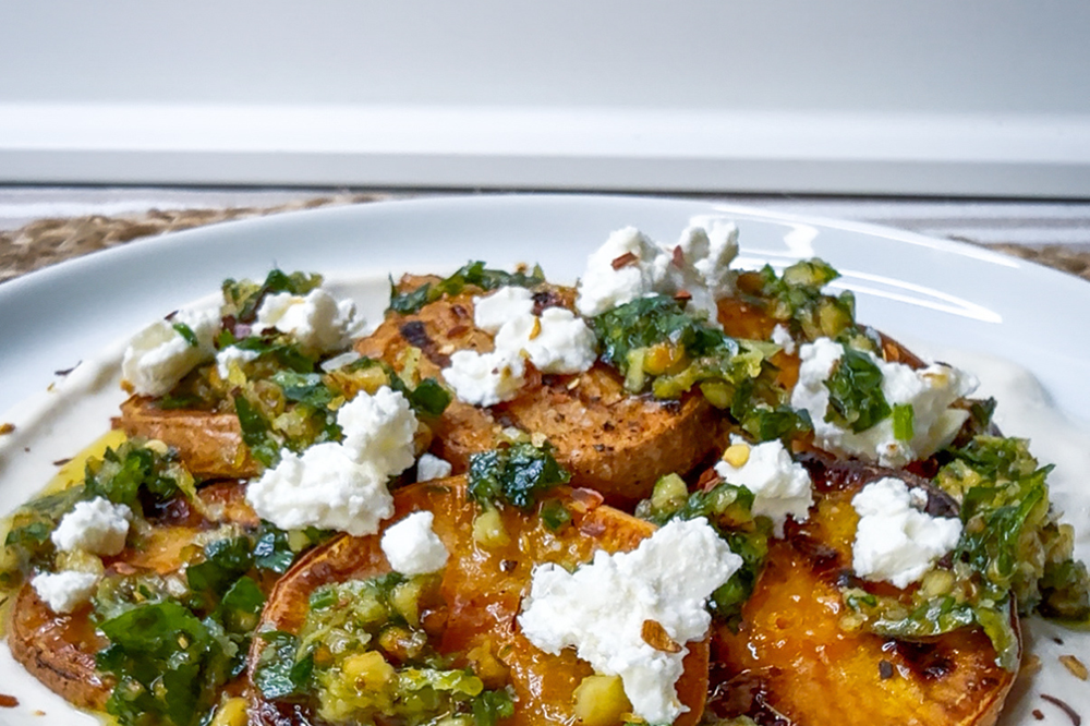 Charred Sweet Potato with Nutty Gremolata & Tahini Yogurt