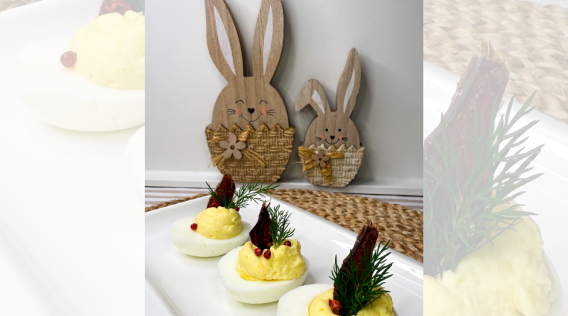 Deviled Eggs with Beef Jerky & Pink Peppercorn