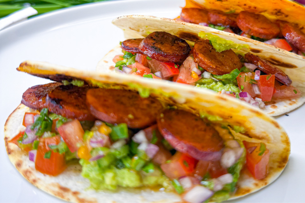 Smoky Chorizo Tacos with Fresh Pico de Gallo and Avocado Mash