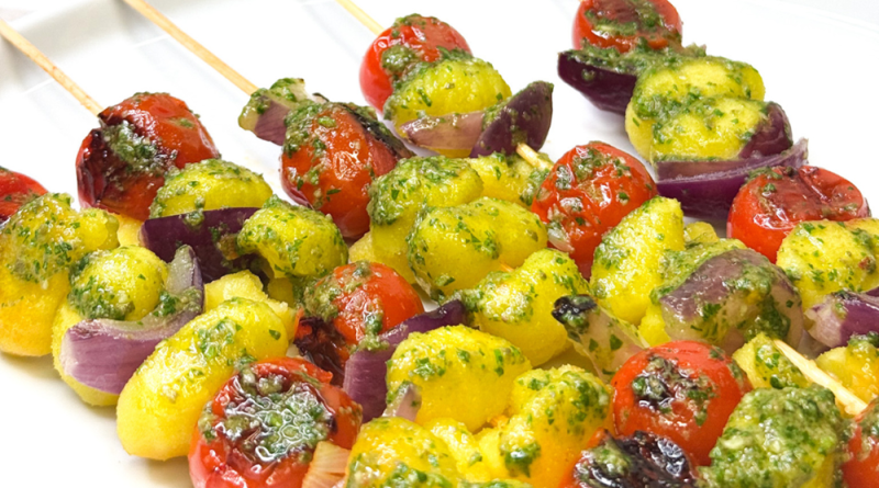 Tomato Gnocchi Kebabs with Salsa Verde