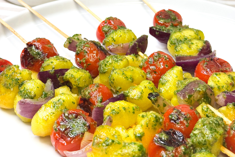 Tomato Gnocchi Kebabs with Salsa Verde