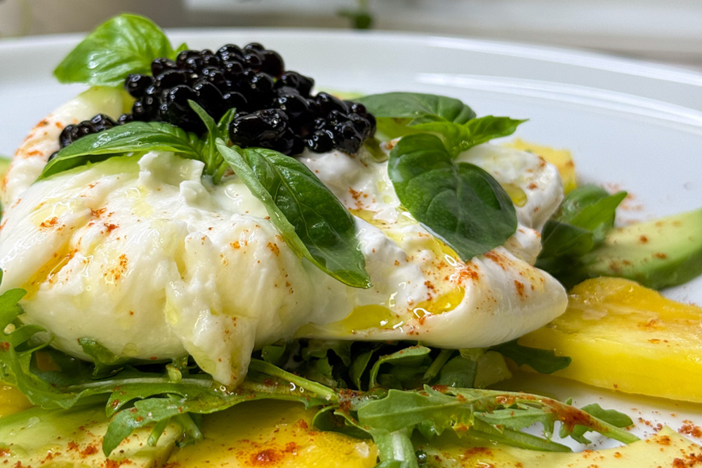 Burrata with Mango, Avocado & Balsamic Caviar