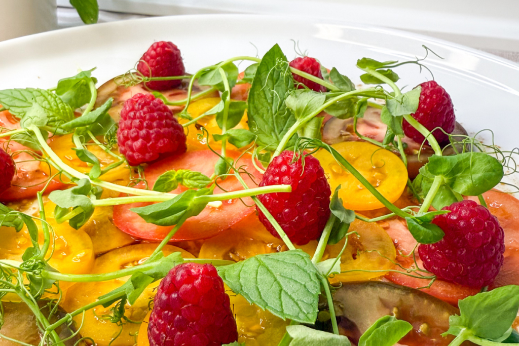 Tomato Carpaccio with Raspberry–Mint Sauce