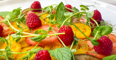 Tomato Carpaccio with Raspberry–Mint Sauce