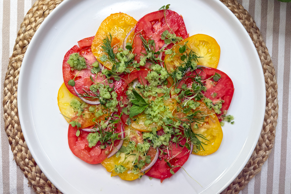 Tomato Carpaccio with Cucumber Granita