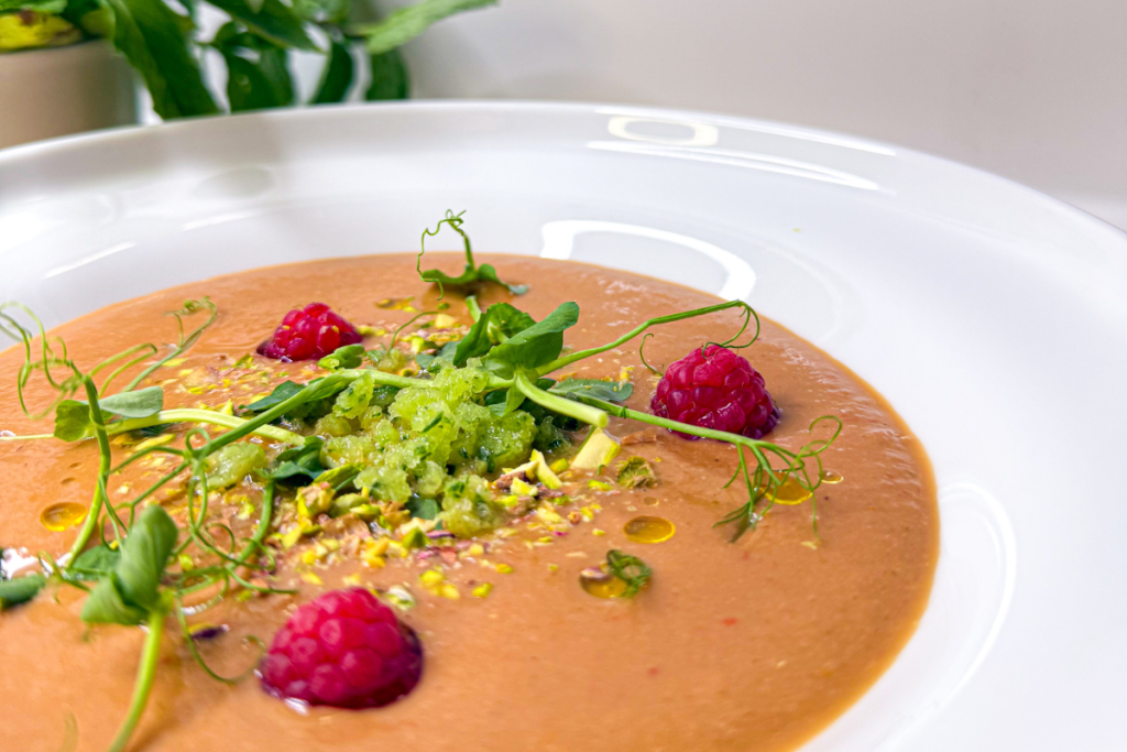 Pea Shoot & Raspberry Gazpacho