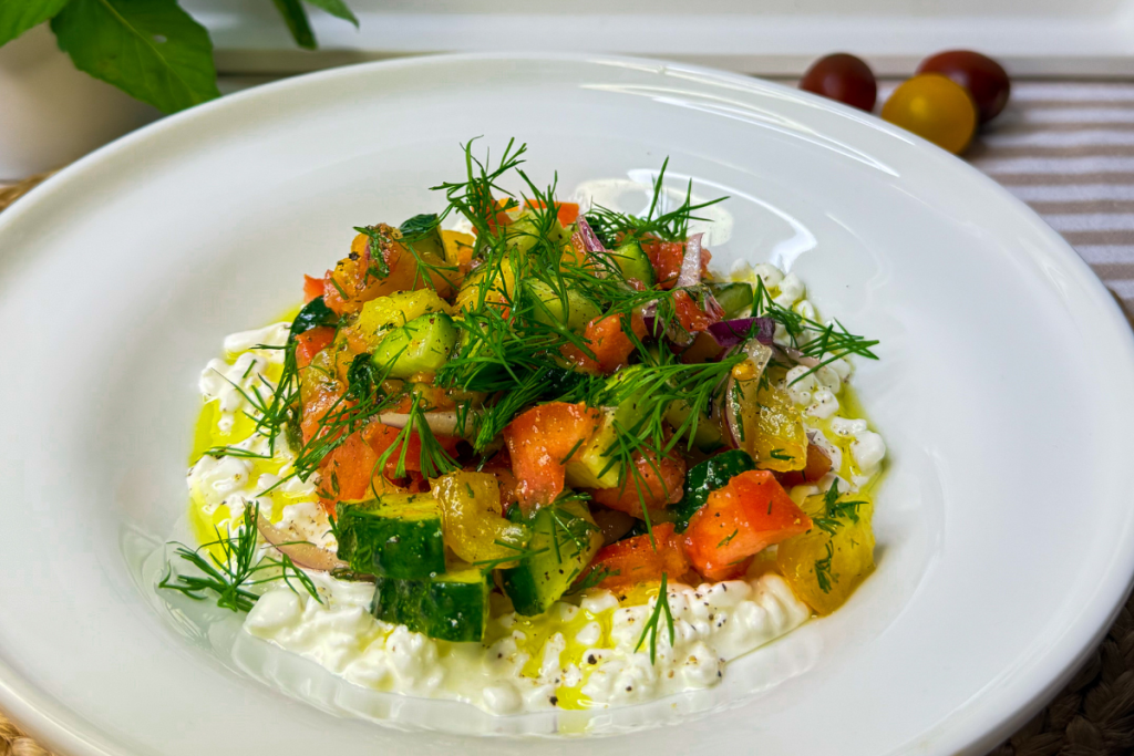 Tomato & Cucumber Salad on Grainy Cottage Cheese