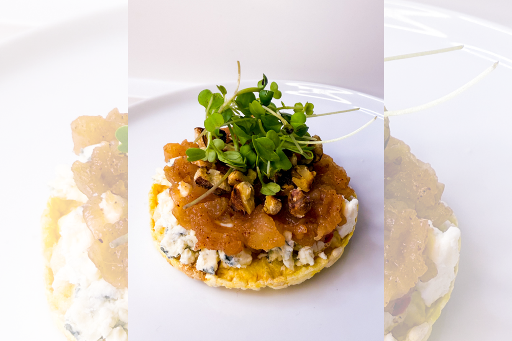 Corn Crisp with Blue Cheese, Apple Chutney and Walnuts