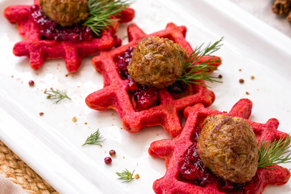 Beetroot Waffles with Mini Meatballs & Cranberry Jam