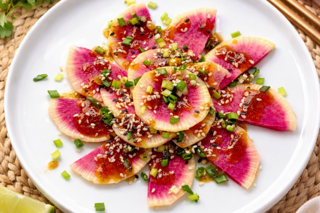 Watermelon Radish with Miso Ginger Vinaigrette